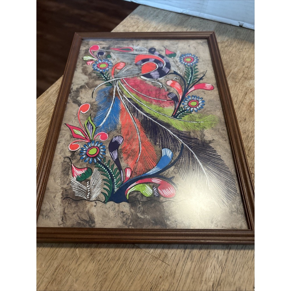 Vintage Mexican Folk Art Painting Bright Birds Amate Bark Paper Framed Art